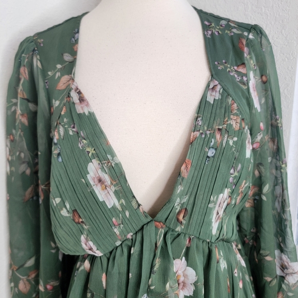 LULUS Endless Charisma Green Floral Chiffon Long Sleeve Mini Dress NWT L. - Picture 5 of 11